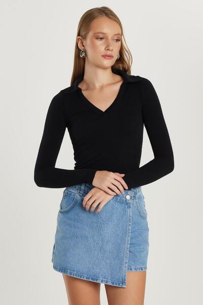 Tudors Women's Slim Fit Slim Fit V-Neck Black Blouse