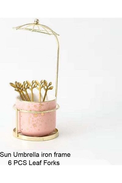 Raffine 6-pieces Leaf Forks Ceramic Pot With Iron Stand Pink 9.3x23cm