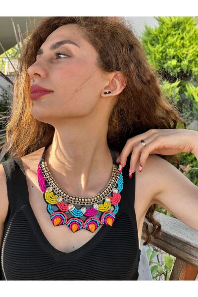 Gönülden Tasarım RENKLİ NEON BONCUK İŞLEME KADIN KOLYE BAĞLAMALI