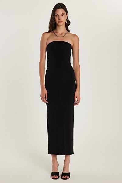 Tudors Kadın Slim Fit Dar Kesim Straplez Arka Yırtmaç Detaylı Siyah Midi Elbise