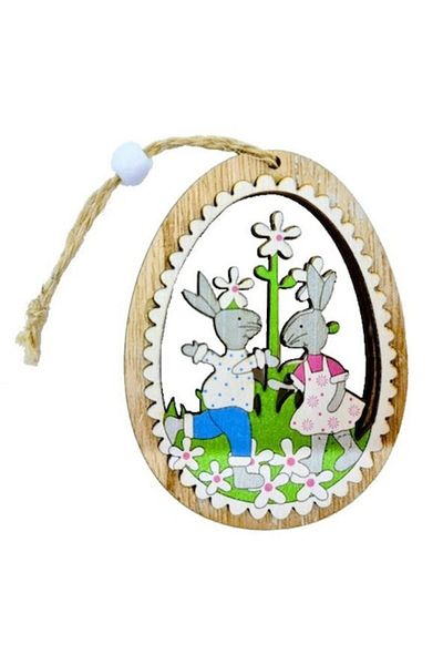 OEM Wooden decoration with hanger, egg with rabbits design, Easter decor, 11cm