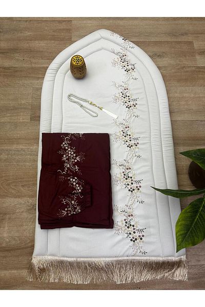 smart home Prayer set consisting of an embroidered padded sponge rug, a prayer sheet, excellent soft, cool material for comfort, an incense burner, and a prayer beads.