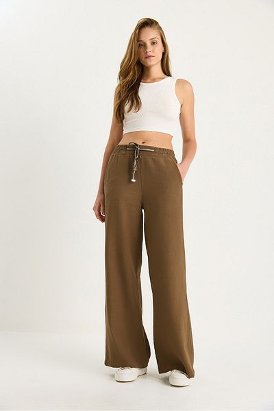 Bianco Lucci Pantaloni palazzo de in pentru femei cu talie elastică și buzunar YP5219 60283436