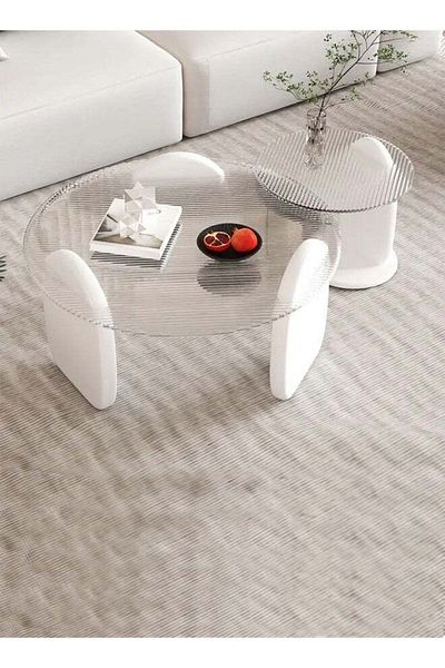 Raffine Set of 2 Modern Design Stylish Luxury Round Edges Tempered Glass and Premium Wood Coffee Table Side