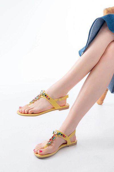 TB Terzi Bey 152-1110 Yellow Multi Stone Flip Flops Women's Sandals