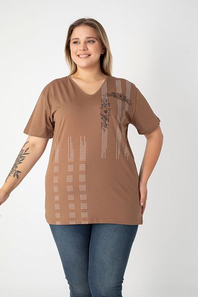 Orly More Printed Slit Cotton Women's V-Neck Plus Size T-Shirt