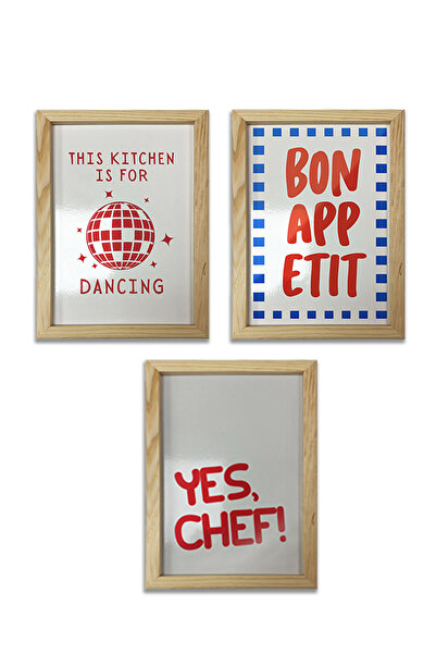 AND Ahşap Çerçeveli Şef Temalı Tablo Üçlü MDF Poster Tablo Duvar Dekoru (21x3...