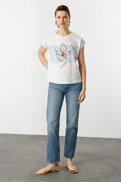 accort Çizgili Çiçek Desen Pamuklu Bluz-MAVİ