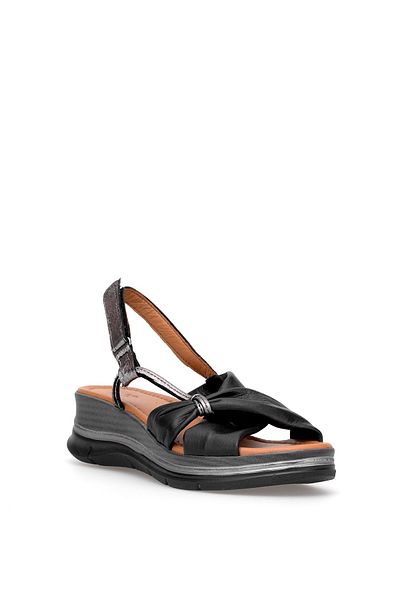 Ayakkabı Fuarı Elit Zeyn 8066 Women's Genuine Leather Wedge Heel Sandals Black