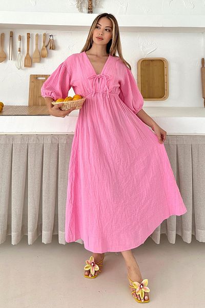 Olcay Halbärmeliges Musselinkleid mit elastischem Bund und Spitzendetail ROSA 9331-E