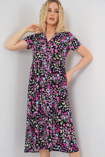 Bigdart Women's Buttoned Short Sleeve Floral Dress 2561 - Black