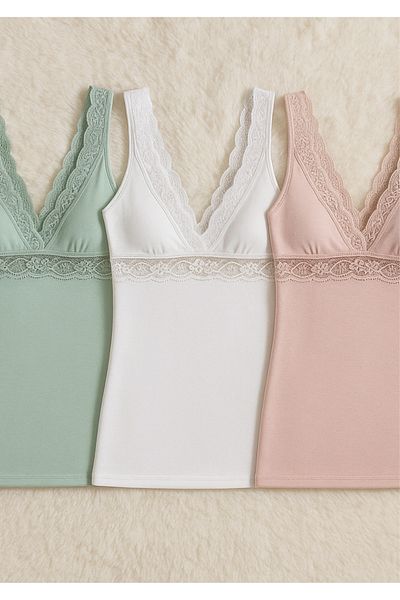Loule Women's Lace Detailed Modal Strap White - Powder - Green 3 Piece Undershirt Ll.K66.O07.001