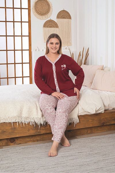 Asel Plus Size Long Sleeve Button-Down Cotton Fabric Pajamas Suit