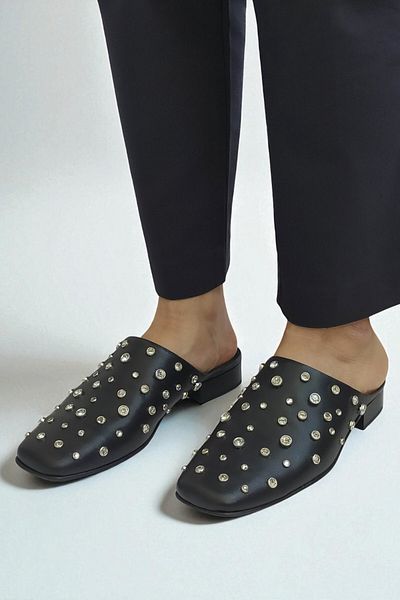 ERS Air Comfort Women's Stone Detailed Black Genuine Leather Sabo Slippers - Comfortable and Stylish Design