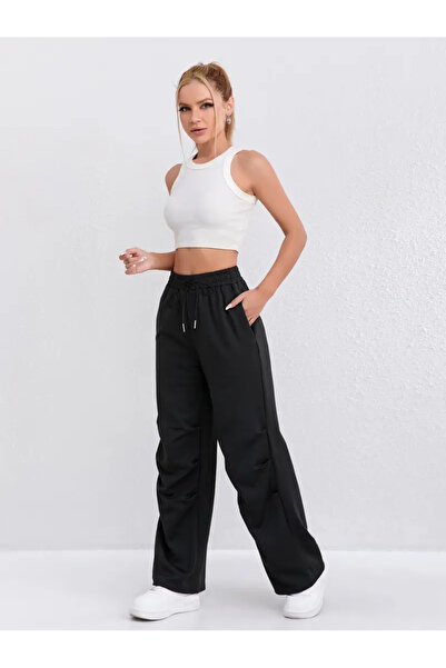 LOSSİA Γυναικείο μαύρο φαρδύ παντελόνι φόρμας μεγάλου μεγέθους, υψηλής ποιότη...