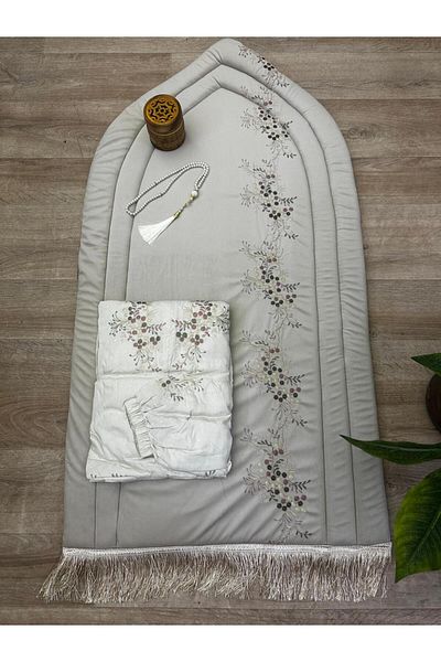 smart home Prayer set consisting of an embroidered padded sponge rug, a prayer sheet, excellent soft, cool material for comfort, an incense burner, and a prayer beads.