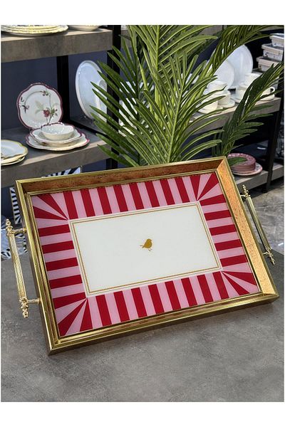 Doğudeko Pink Line Rectangular Tray with Handles