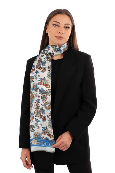 Bursa İpek Blue Shawl Pattern Voile Silk Scarf