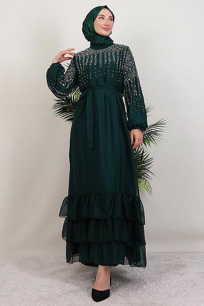 GİYZAMİLA Suna Pearl Chiffon Dress Emerald