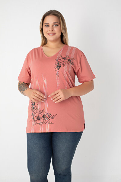 Orly More Printed Slit Cotton Women's V-Neck Plus Size T-Shirt
