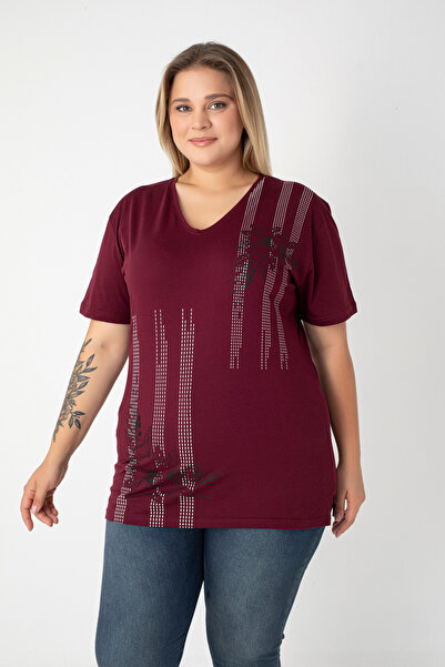 Orly More Printed Slit Cotton Women's V-Neck Plus Size T-Shirt