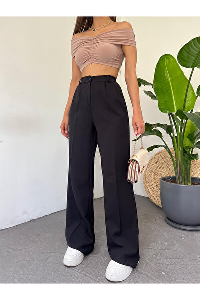 HARMONY GLOBAL Kadın Siyah Yüksek Bel Pileli Palazzo Pantolon – Düz Kesim, Bol Paçalı, Şık ve Rahat Günlük Pantolon