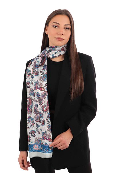 Bursa İpek Petrol Blue Shawl Pattern Voile Silk Scarf