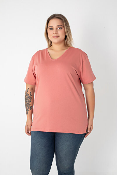 Orly More Slit Cotton Women's V-Neck Plus Size T-Shirt