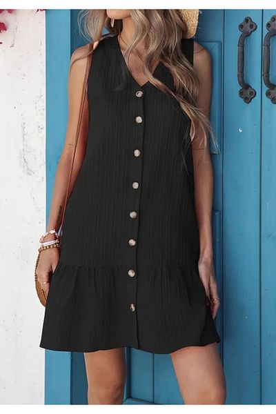 Little Visqon Women's Sleeveless V Neck Front Button Ruffle Delicate Dress