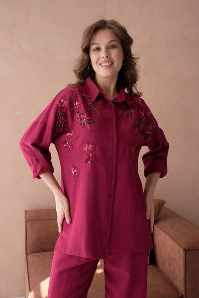 MVStore Cămașă de in brodat cu model de damă cu detalii de piatră