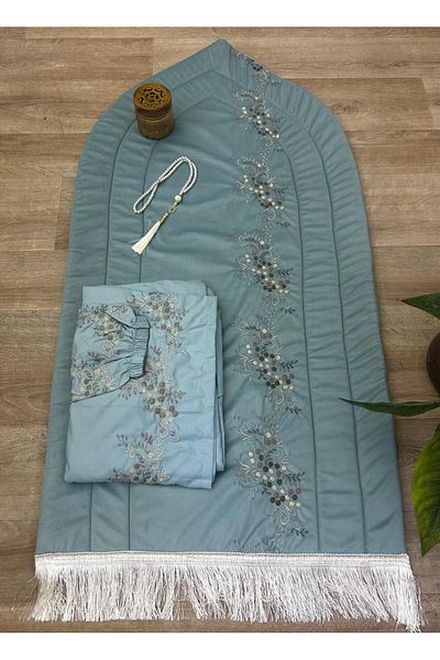 smart home Prayer set consisting of an embroidered padded sponge rug, a prayer sheet, excellent soft, cool material for comfort, an incense burner, and a prayer beads.