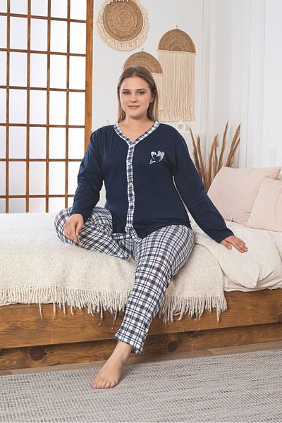 Asel Plus Size Long Sleeve Button-Down Cotton Fabric Pajamas Suit