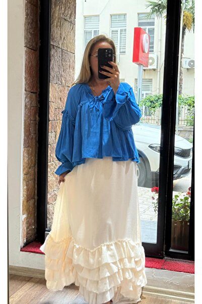 AlyaTeks Bağcık Detaylı Rahat Kalıp Romantik Gömlek Mavi