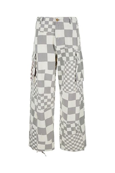 Erl Grey Cargo Jeans With Asymmetric Check Motif In Cotton Denim Man