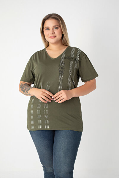 Orly More Printed Slit Cotton Women's V-Neck Plus Size T-Shirt