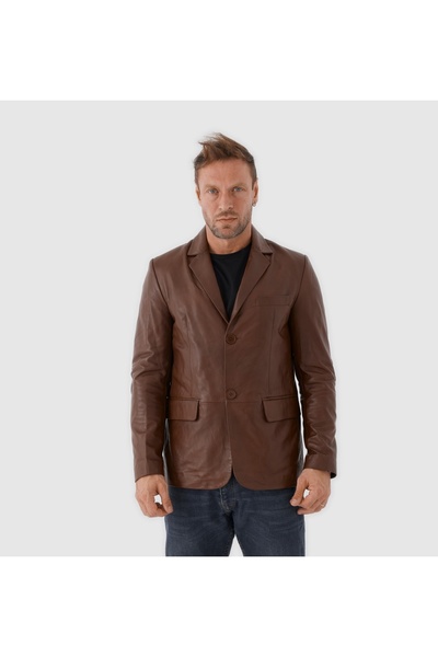 TOGO Kahverengi Hakiki Deri Erkek Blazer Deri Ceket [810061]