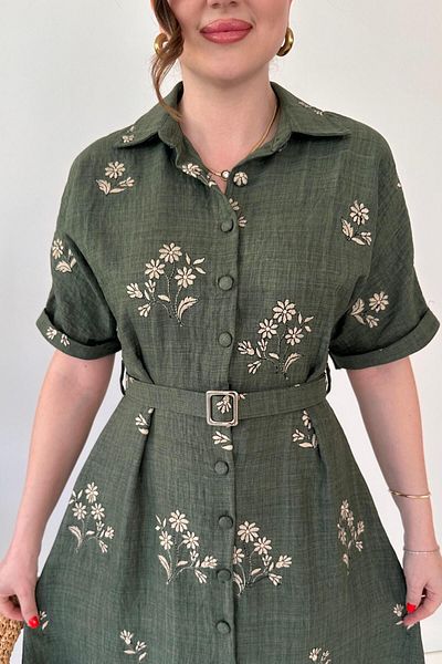 MaziButik Floral Embroidered Dress Khaki