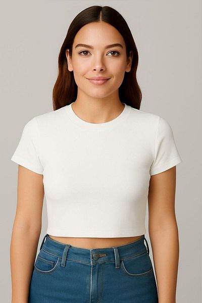 Seamoda Crew Neck Short Sleeve Crop Rib Tshirt Off White