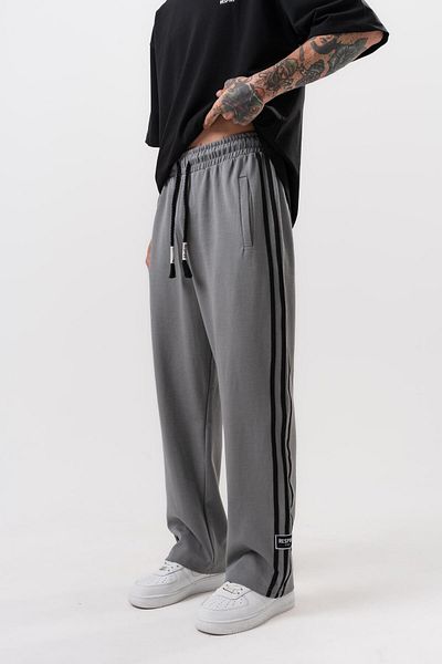 Respire Men's 3-Piece Stripe Detailed Interlock Baggy Sweatpants Smoked
