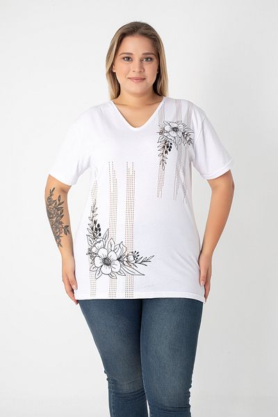 Orly More Printed Slit Cotton Women's V-Neck Plus Size T-Shirt