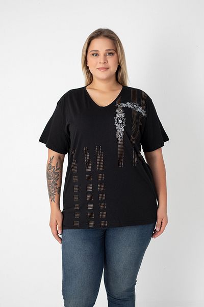 Orly More Printed Slit Cotton Women's V-Neck Plus Size T-Shirt