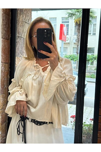 AlyaTeks Bağcık Detaylı Rahat Kalıp Romantik Gömlek Krem