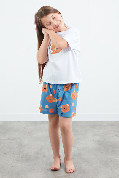 Fulla Moda %100 Pamuk Ayıcık Baskılı Unisex Şortlu Pijama Takımı