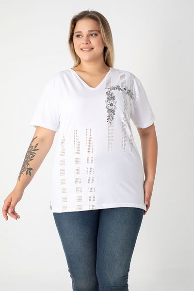 Orly More Printed Slit Cotton Women's V-Neck Plus Size T-Shirt