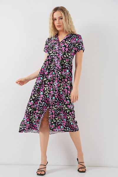 Bigdart Women's Buttoned Short Sleeve Floral Dress 2561 - Black