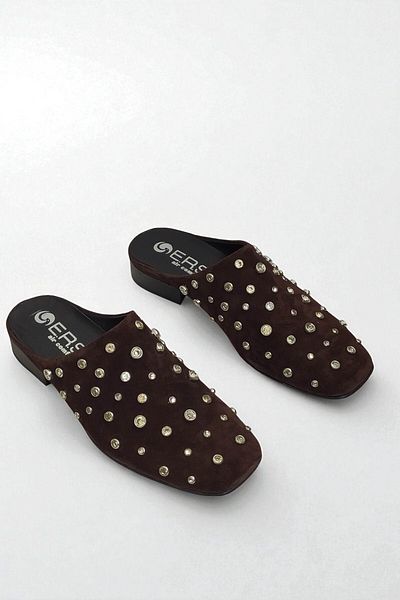 ERS Air Comfort Women's Stone Detailed Brown Genuine Suede Leather Sabo Slippers - Comfortable and Stylish Design