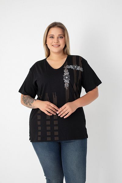 Orly More Printed Slit Cotton Women's V-Neck Plus Size T-Shirt