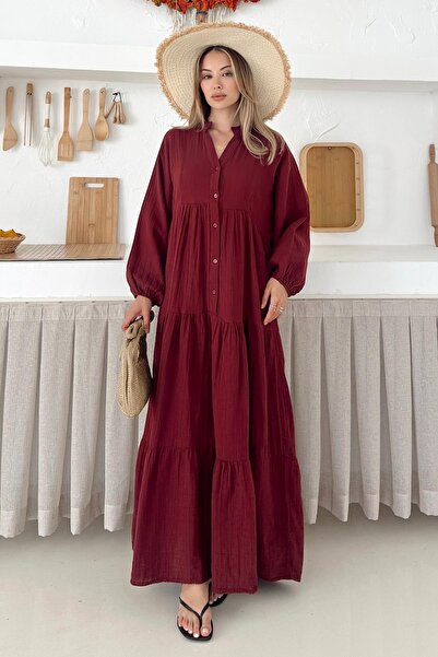 Olcay Bat Sleeve Button Detailed Muslin Casual Dress Bordo 9330-E