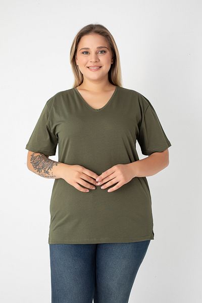 Orly More Slit Cotton Women's V-Neck Plus Size T-Shirt