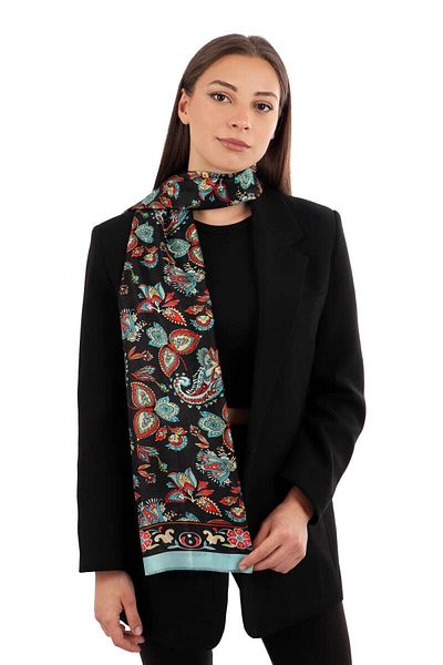 Bursa İpek Black Shawl Pattern Voile Silk Scarf